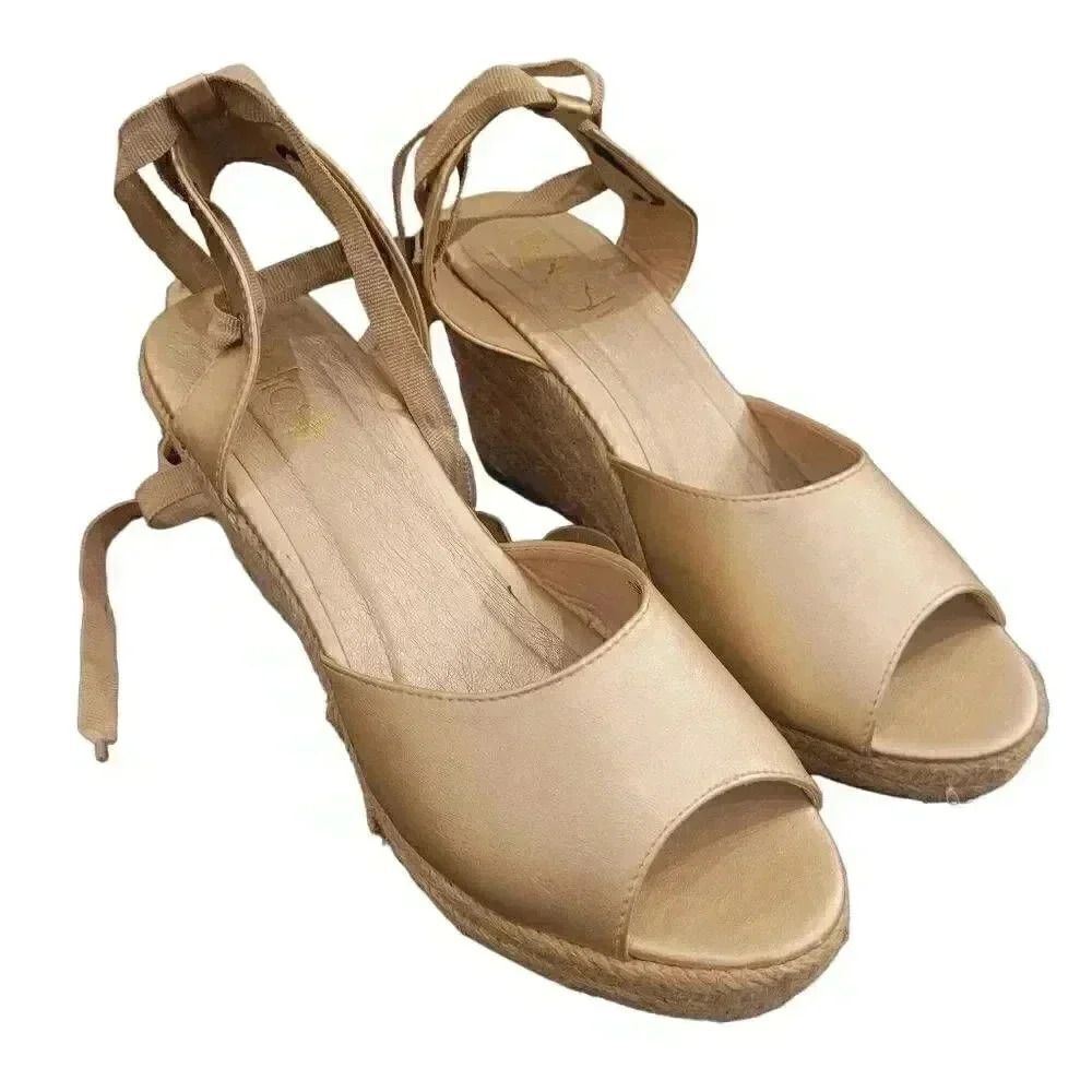 REFRESH Women's Sandra Gold Faux Leather Lace Up Espadrille 3" Wedge Sandals EUC
